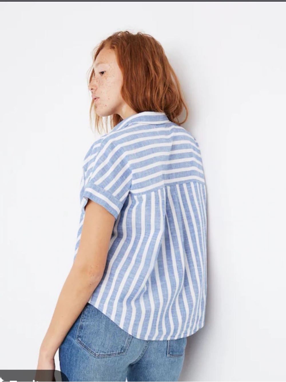 beachlunchlounge Blue and White Vertical-Striped Short Sleeve Button-Up